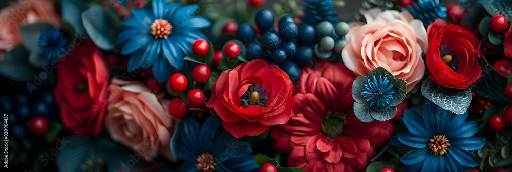 A close-up of Memorial Day wreaths adorned with red, white, and blue flowers, emphasize the intricate details and the significance of the tribute A close-up of Memorial Day wreaths adorned with red, white, and blue flowers, emphasize the intricate details and the significance of the tribute