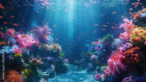 Astounding underwater seascape with richly colored coral and diverse marine life basking in beams of light