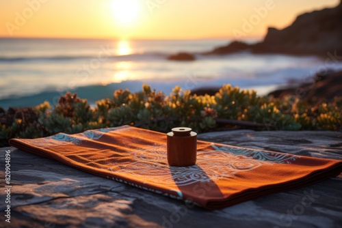 Beautiful sunset over the sea with a tablecloth and a candle. Concept of meditation and relaxation. photo