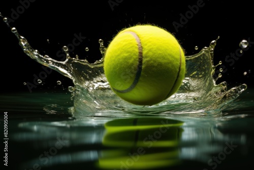 Tennis ball falling into water with splash, isolated on black background. The concept of tennis sport and its promotion © Berezhna_Iuliia
