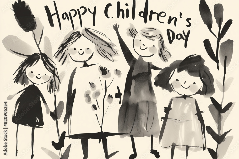 Children's day holiday card, imitation of pencil kid drawing, messy and sketchy style. Festive design with typography. Modern cartoon style for banner, invitation, poster, flyer. Children's day holiday card, imitation of pencil kid drawing, messy and sketchy style. Festive design with typography. Modern cartoon style for banner, invitation, poster, flyer.