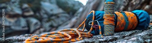 A closeup of climbing ropes, carabiners, and a chalk bag lying on rugged terrain, capturing the thrill and preparation involved in rock climbing photo