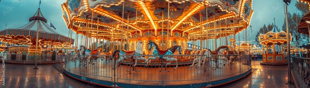 An empty carousel at a summer fairground, with colorful lights and decorations but no riders An empty carousel at a summer fairground, with colorful lights and decorations but no riders