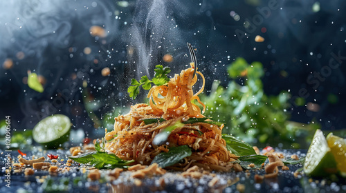 An artistic arrangement of Pad Thai, with noodles elegantly twirled on a fork, surrounded by a halo of herbs and lime wedges, ready for a menu shoot.