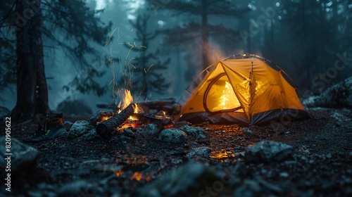 A smoldering campfire with an empty tent and scattered camping gear, evoking adventure, camaraderie, and the quiet end of a camping trip