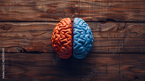 Creative hemispheres of brain on wooden background. 