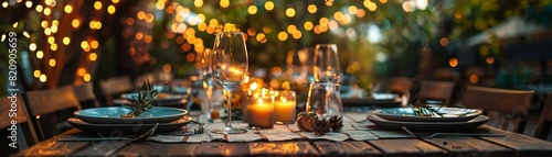 A table with scattered plates, empty glasses, and a drooping string of fairy lights, capturing the camaraderie and bittersweet end of a summer gathering photo
