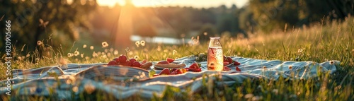 An empty picnic blanket with halfeaten food, overturned drinks, and scattered utensils under a setting sun, capturing the joy and eventual end of a carefree summer day photo