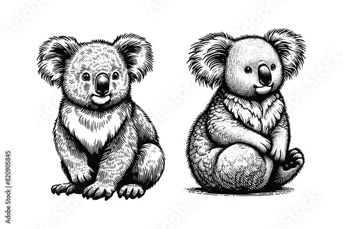 koala illustration. hand drawn koala black and white vector illustration. isolated white background