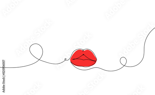 One line drawing of lips. Concept lineart simple symbol for lipstick. Horizontal banner for poster, makeup. Isolated editable stroke. Hand Drawn Vector Illustration. Smiling mouth contour in Doodle st (ID: 820906007)