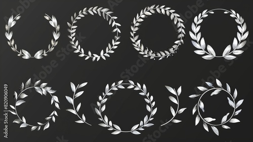 Frames with Laurel, Olive, and Ivy leaves. Silver round wreaths with foliate decorations for game avatars, laureate certificate, modern cartoon set isolated on black. photo