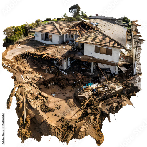 Silt and housing estate buried and damaged in the cyclone gabrielle natural disaster. eskdale, napier, hawkes bay, new zealand bay. february 2023 isolated on white background, cinematic, png

