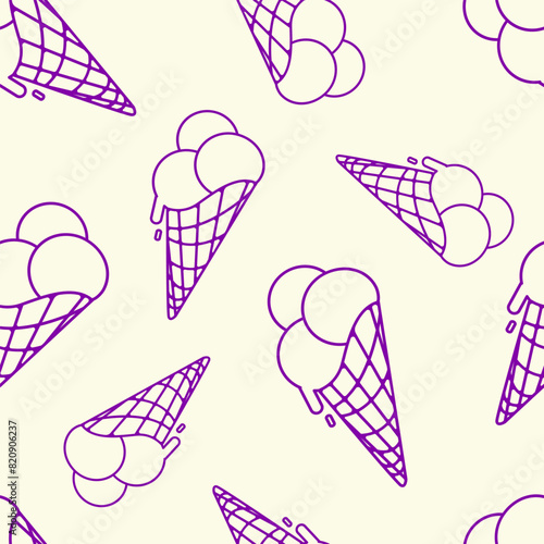 Ice cream cone seamless pattern.Ice cream scoop in a waffle cone outline pattern for summer prints, background, wallpaper, textiles, packaging.Vector illustration