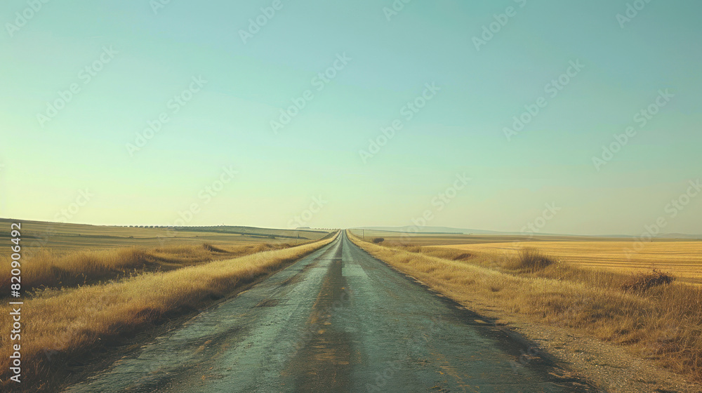 Naklejka premium An empty, open road stretching into the horizon under a clear sky, the simplicity of the scene evoking a sense of freedom and endless possibility.