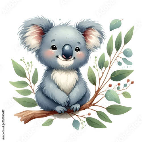 Isolated watercolor illustration of cute koala with eucalyptus leaves on wite background. 