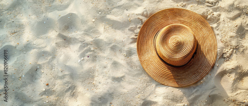top view of woman beach straw hat on sandy beach sand texture background during day sunlight for advertising mockup