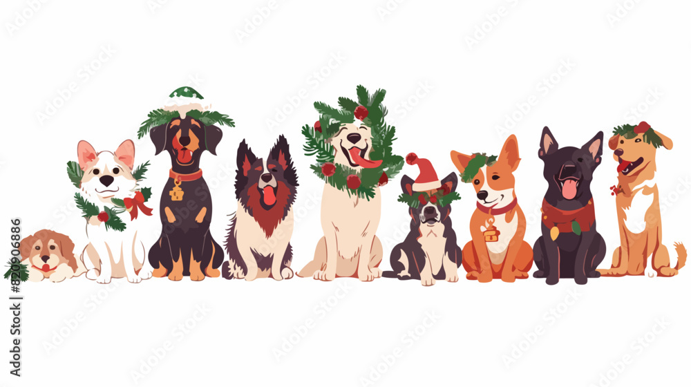 Merry and bright lettering. Christmas dogs couple vec
