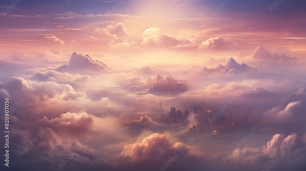 Ethereal Cityscape at Sunset Above the Clouds Ethereal Cityscape at Sunset Above the Clouds