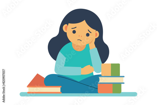 a girl student frustrated and book-laden with no time to study for her exams. Difficult study session in the study envy