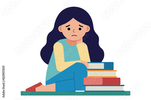 a girl student frustrated and book-laden with no time to study for her exams. Difficult study session in the study envy