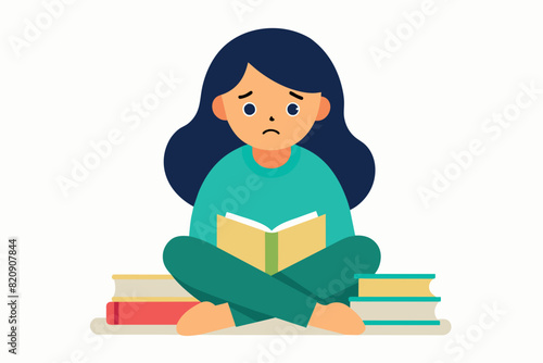 a girl student frustrated and book-laden with no time to study for her exams. Difficult study session in the study envy