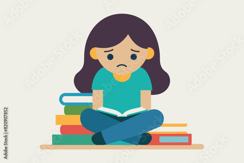 a girl student frustrated and book-laden with no time to study for her exams. Difficult study session in the study envy