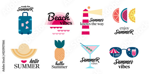 Summer mood illustration set in modern design. Summer vacation. Collection of stickers in flat style. Isolated on white background. Vector illustration.
