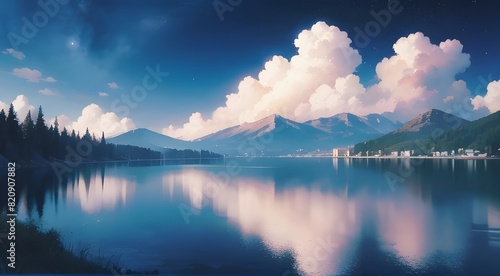 湖の対岸から見た綺麗なアニメ風イラスト