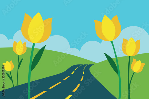 green road concept in yellow and green colors. flowers on the roadway. save the environment.