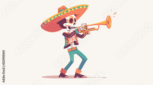 Mexican skeleton in sombrero hat playing music on tru