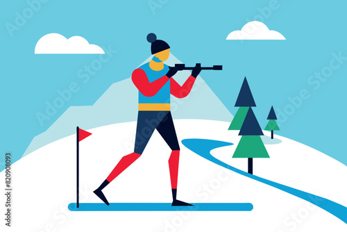 winter biathlon competition. Athlete with a ventovka in his hands aiming at the target.