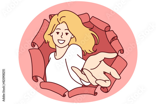 Happy woman stretching open palm through hole in torn paper to make Follow me gesture or make good offer. Positive woman reaching for screen making wanting to take item or invite you