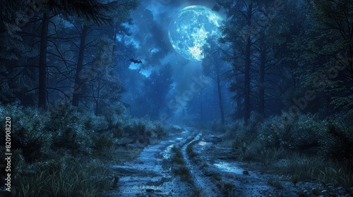 Blue Full Moon Illuminating a Haunted Forest Path at Night