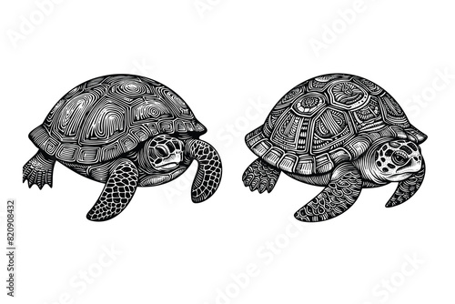 set of turtle illustration. hand drawn turtle black and white vector illustration. isolated white background © Nurjen