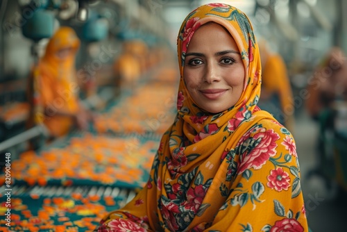 A confident woman smiles in a textile factory  embodying the beauty of skilled craftsmanship