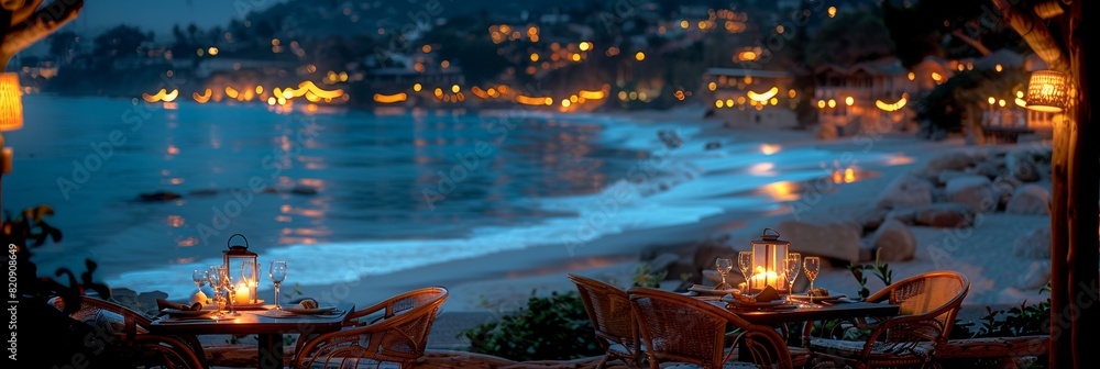 A coastal restaurant offers scenic views of the ocean and city lights, perfect for a candlelit evening