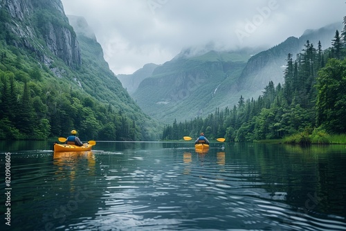 Kayak glides on calm river through lush forest, framed by towering mountains under a serene sky