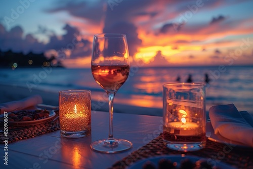 A romantic seaside evening with a wine glass, capturing the sunset's beauty by the ocean