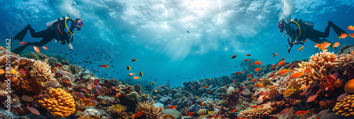 Diver explores vibrant coral reef teeming with underwater life in the azure waters of the ocean photo