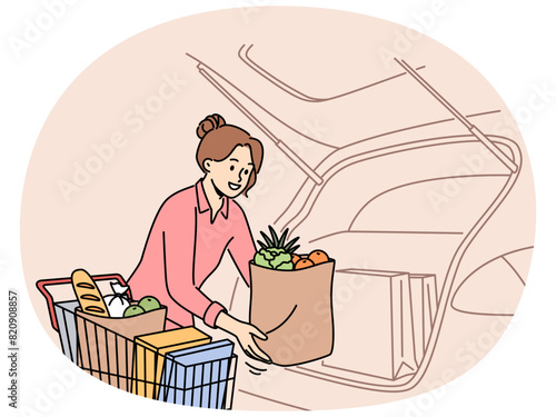 Smiling woman unload groceries into car trunk from supermarket cart. Happy housewife putting bags with products and vegetable from shop into automobile. Vector illustration.