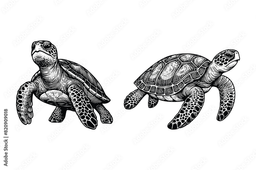 Fototapeta premium set of turtle illustration. hand drawn turtle black and white vector illustration. isolated white background