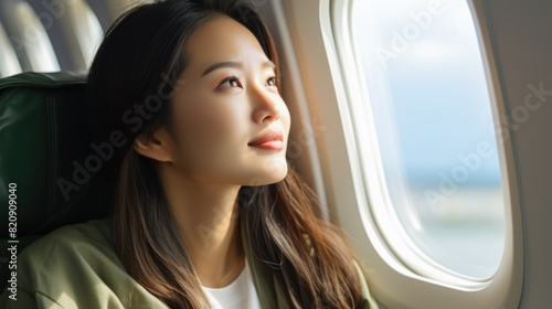 Serene Young Woman Gazing Out Airplane Window