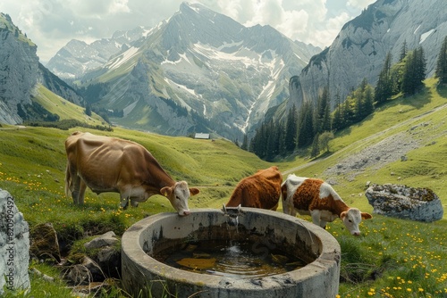 Cow and a calf drinking water from a concrete well in an alpine meadow, mountains in the background, livestock farming concept.