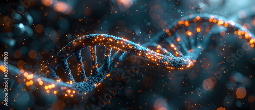 A close-up of an illuminated DNA strand in blue and orange hues, highlighting genetic research and molecular biology