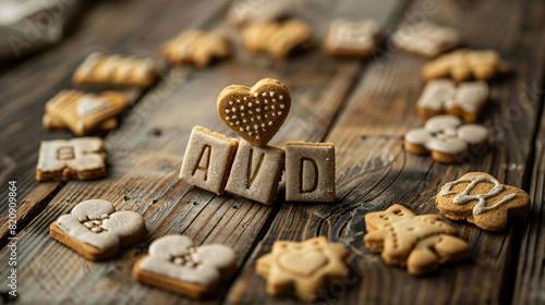 Cubes with word ADOPTION and cookies on wooden table - © Black