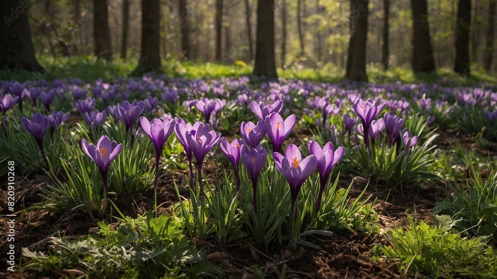 Field of purple crocuses blossoms under gentle warmth of sunlight filtering through trees in serene forest. Flowers, vibrant, full of life, stand out against green, brown hues of forest floor. Field of purple crocuses blossoms under gentle warmth of sunlight filtering through trees in serene forest. Flowers, vibrant, full of life, stand out against green, brown hues of forest floor.