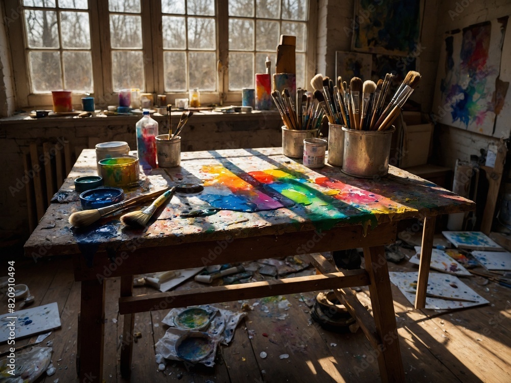 Sunlight streams through windows, illuminating messy artists workspace. Paint-splattered table stands out, surrounded by various art supplies including brushes, paints, palettes. Sunlight streams through windows, illuminating messy artists workspace. Paint-splattered table stands out, surrounded by various art supplies including brushes, paints, palettes.