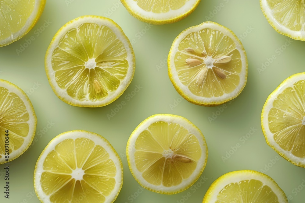 Fototapeta premium Background with lemon halves, light green background.