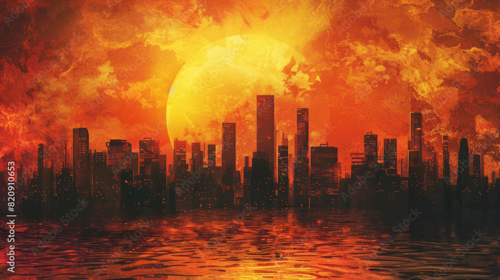 Dystopian city skyline silhouetted against a fiery sunset. Dystopian city skyline silhouetted against a fiery sunset.