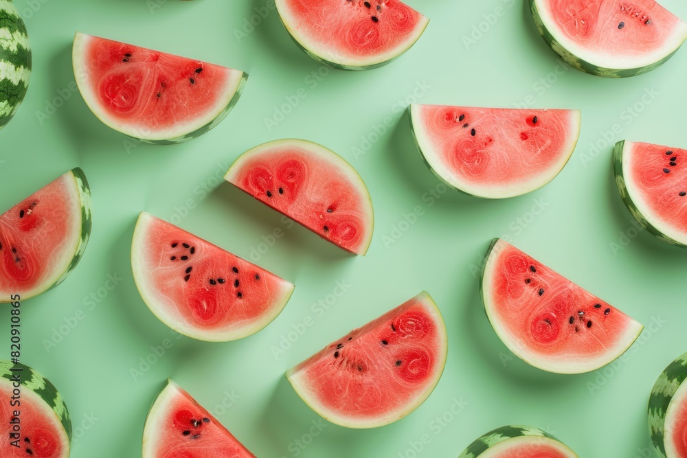 Background with watermelon halves, green background. Background with watermelon halves, green background.